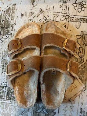 Birkenstock Brown Faux Fur Double Buckle Slide Clogs